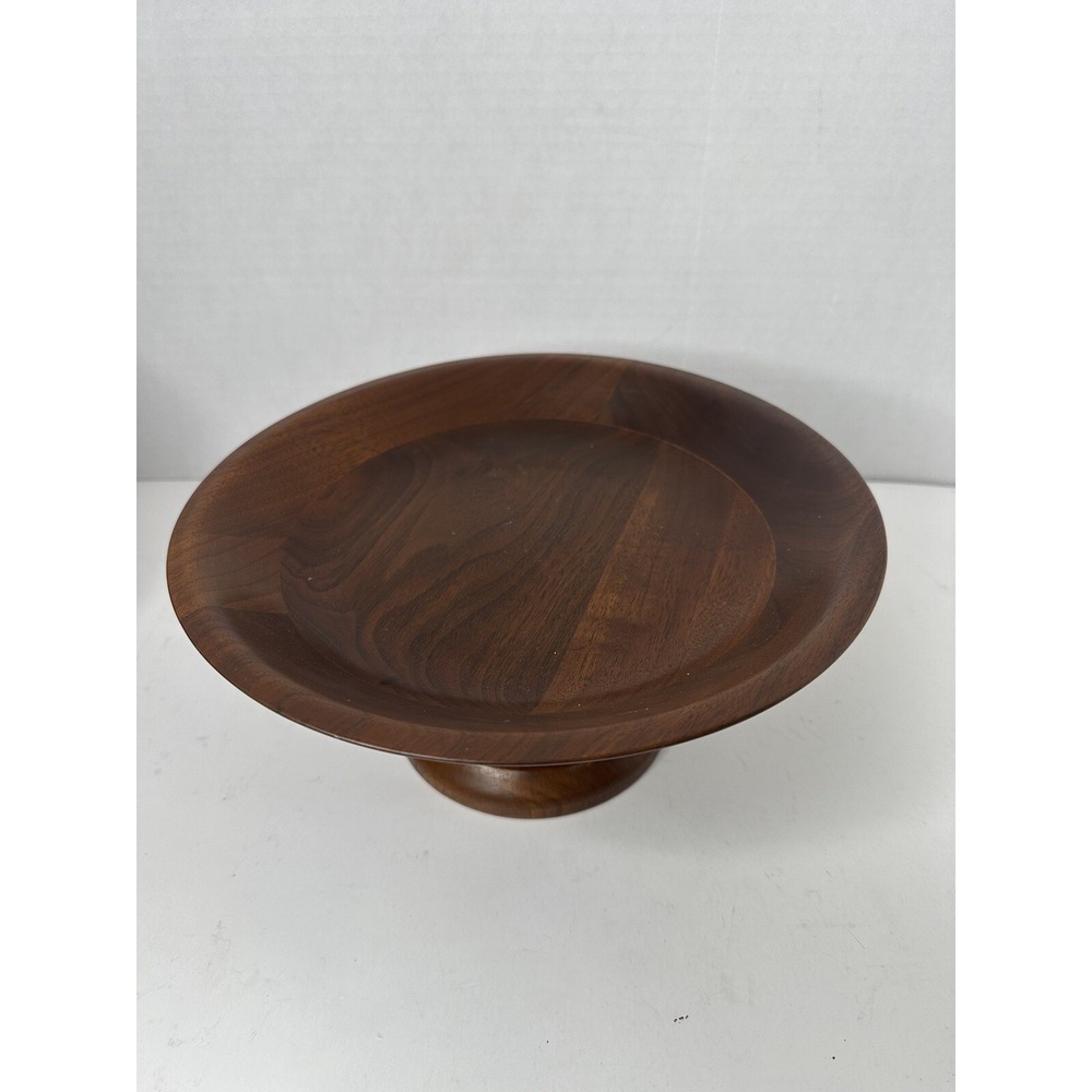 Vintage Vermillion Solid Walnut Wood Pedestal Console Serving Bowl MCM 10in